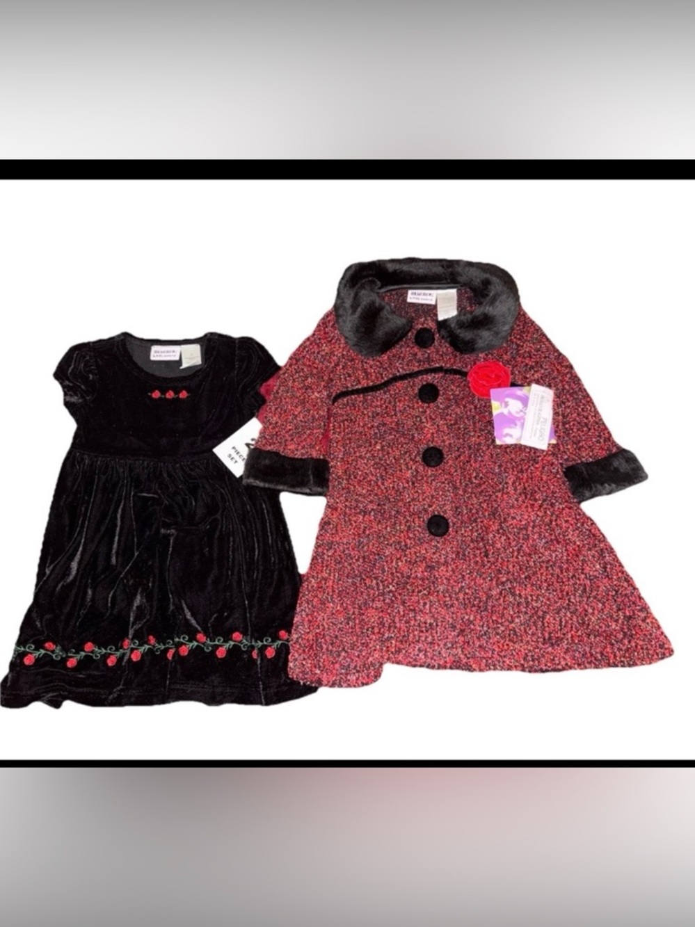 Blueberi Boulevard NWT 2T Dress W/ Coat Red Weave Faux Fur Black Velvet Roses